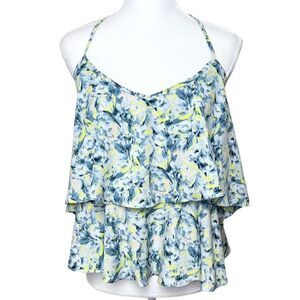 ASOS Blue Yellow Abstract Floral Tiered Spaghetti Strap Tank‎ Top Size 6